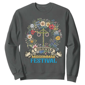 Funny I Survived Midsommar Festival Sweatshirt Sweden Summer Festival Maypole TS11 Dark Heather Print Your Wear