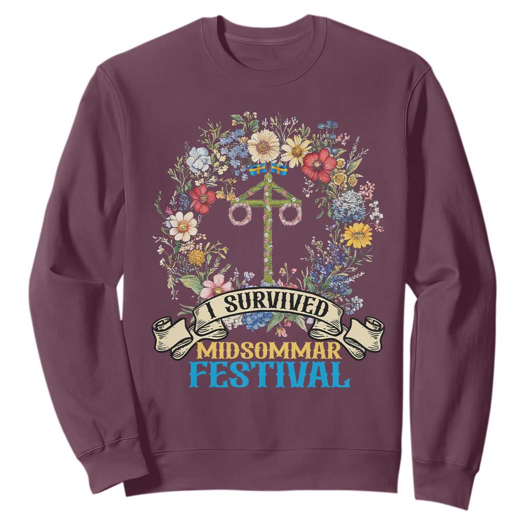 Funny I Survived Midsommar Festival Sweatshirt Sweden Summer Festival Maypole TS11 Maroon Print Your Wear
