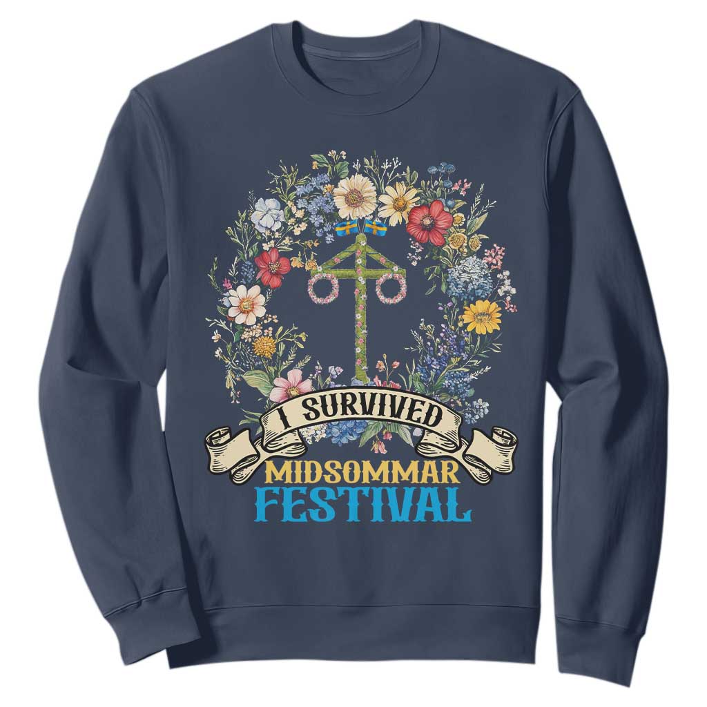 Funny I Survived Midsommar Festival Sweatshirt Sweden Summer Festival Maypole TS11 Navy Print Your Wear