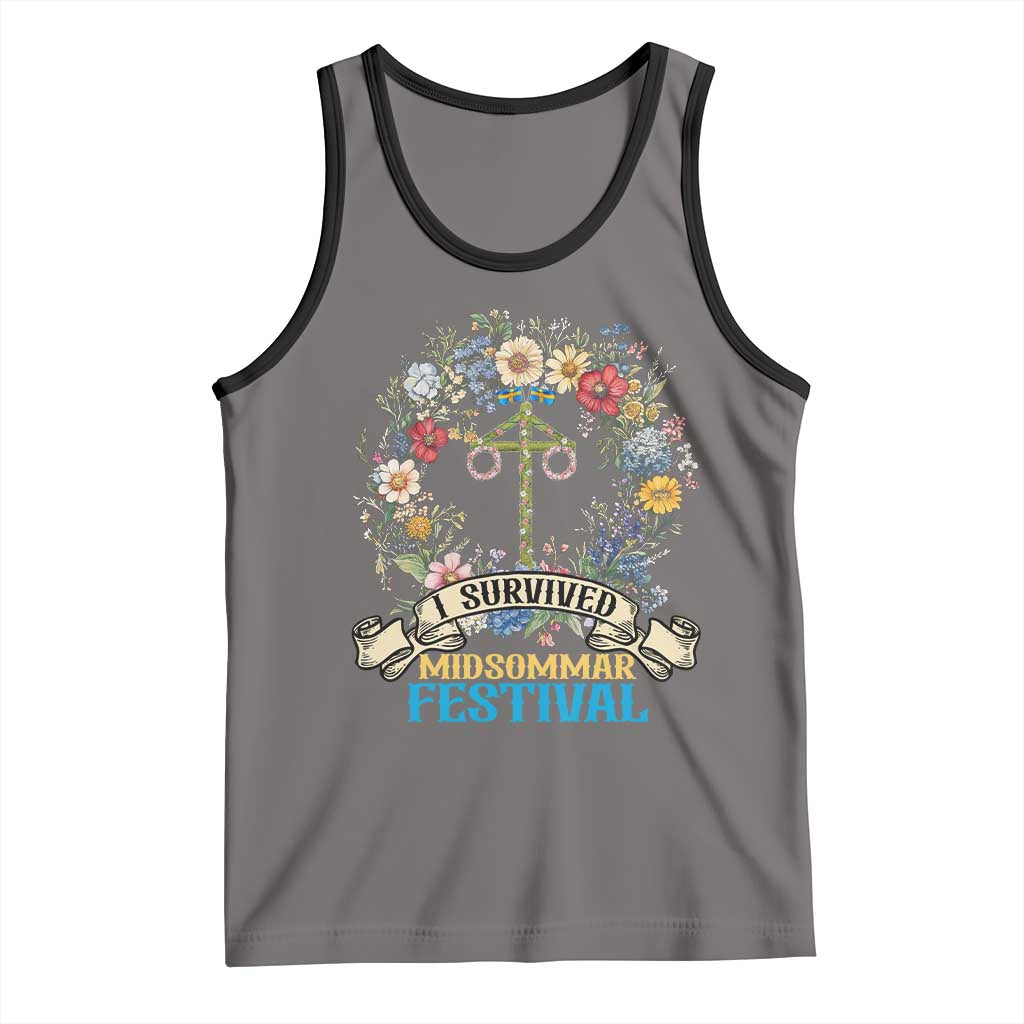 Funny I Survived Midsommar Festival Tank Top Sweden Summer Festival Maypole TS11 Deep Heather Black Print Your Wear