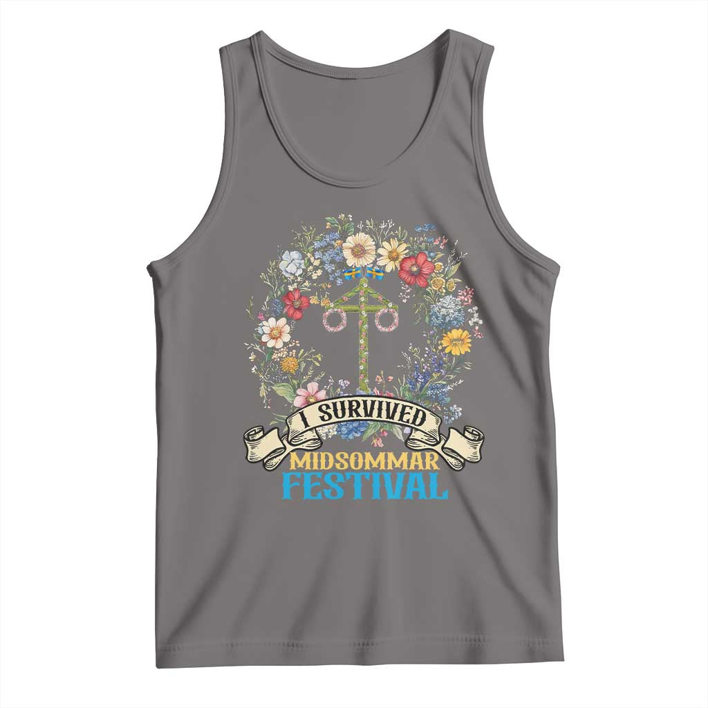Funny I Survived Midsommar Festival Tank Top Sweden Summer Festival Maypole TS11 Deep Heather Print Your Wear