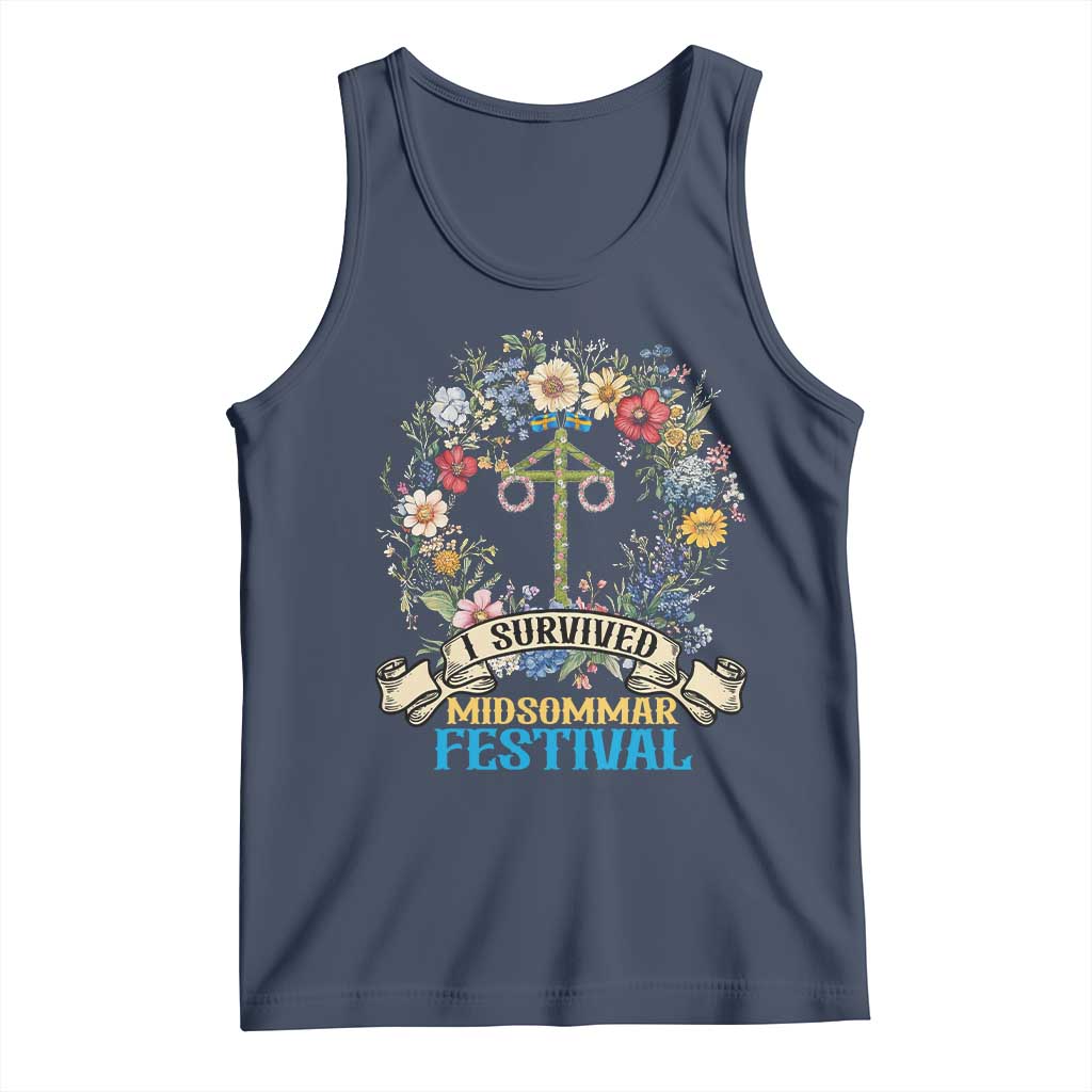 Funny I Survived Midsommar Festival Tank Top Sweden Summer Festival Maypole TS11 Navy Print Your Wear