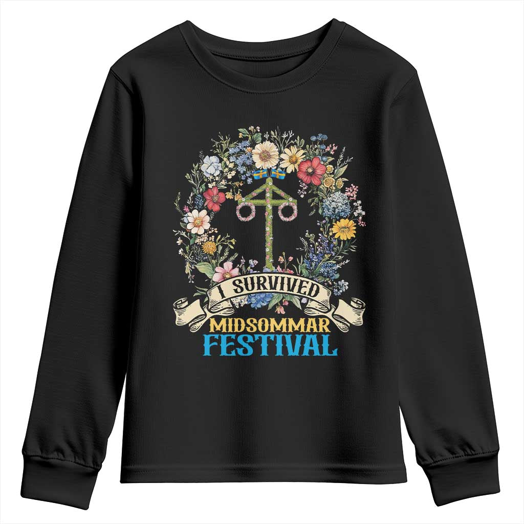Funny I Survived Midsommar Festival Youth Sweatshirt Sweden Summer Festival Maypole TS11 Black Print Your Wear