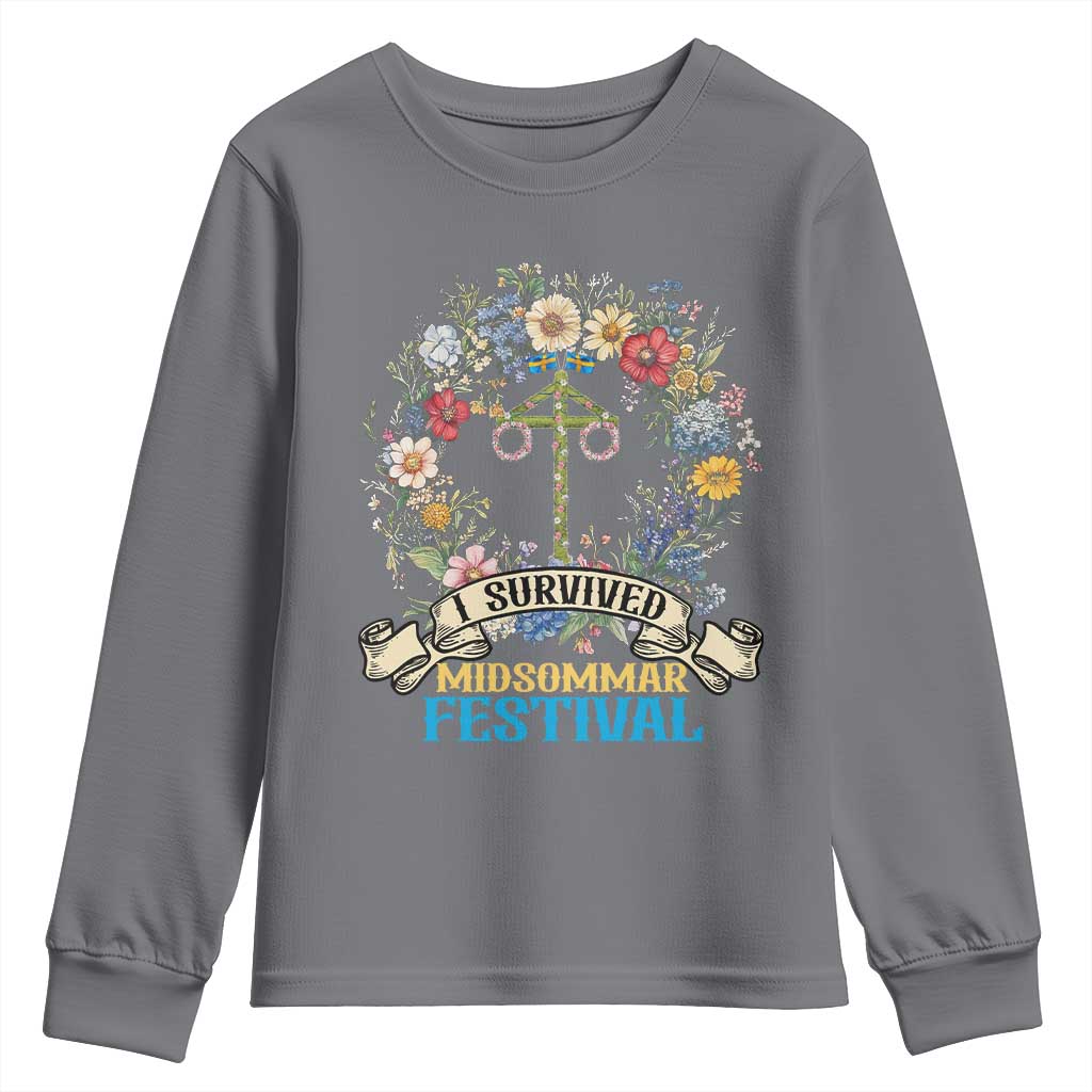 Funny I Survived Midsommar Festival Youth Sweatshirt Sweden Summer Festival Maypole TS11 Charcoal Print Your Wear