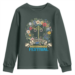 Funny I Survived Midsommar Festival Youth Sweatshirt Sweden Summer Festival Maypole TS11 Dark Forest Green Print Your Wear