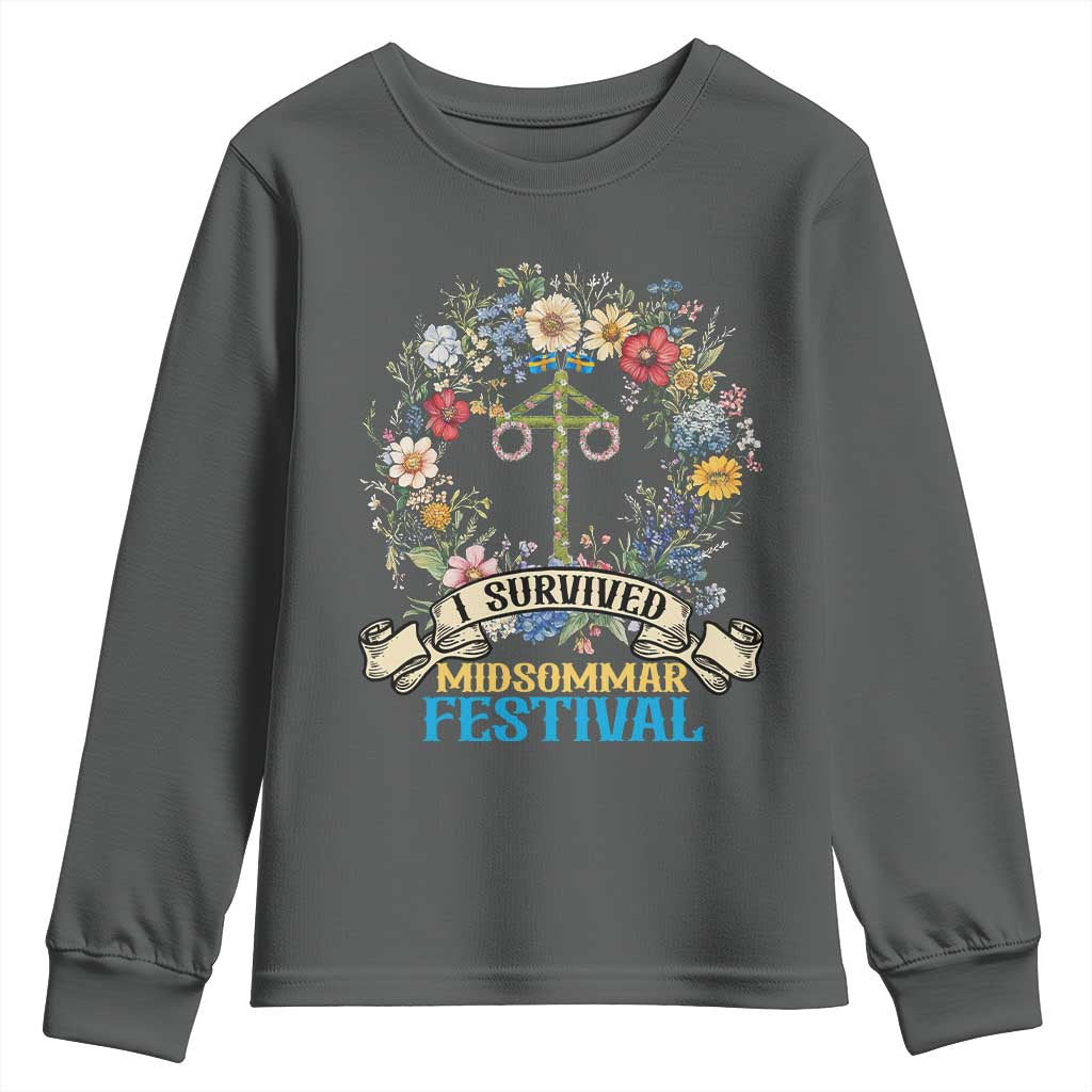 Funny I Survived Midsommar Festival Youth Sweatshirt Sweden Summer Festival Maypole TS11 Dark Heather Print Your Wear