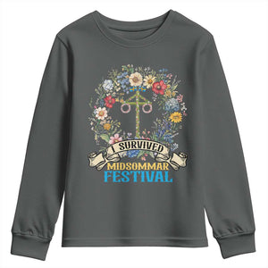 Funny I Survived Midsommar Festival Youth Sweatshirt Sweden Summer Festival Maypole TS11 Dark Heather Print Your Wear