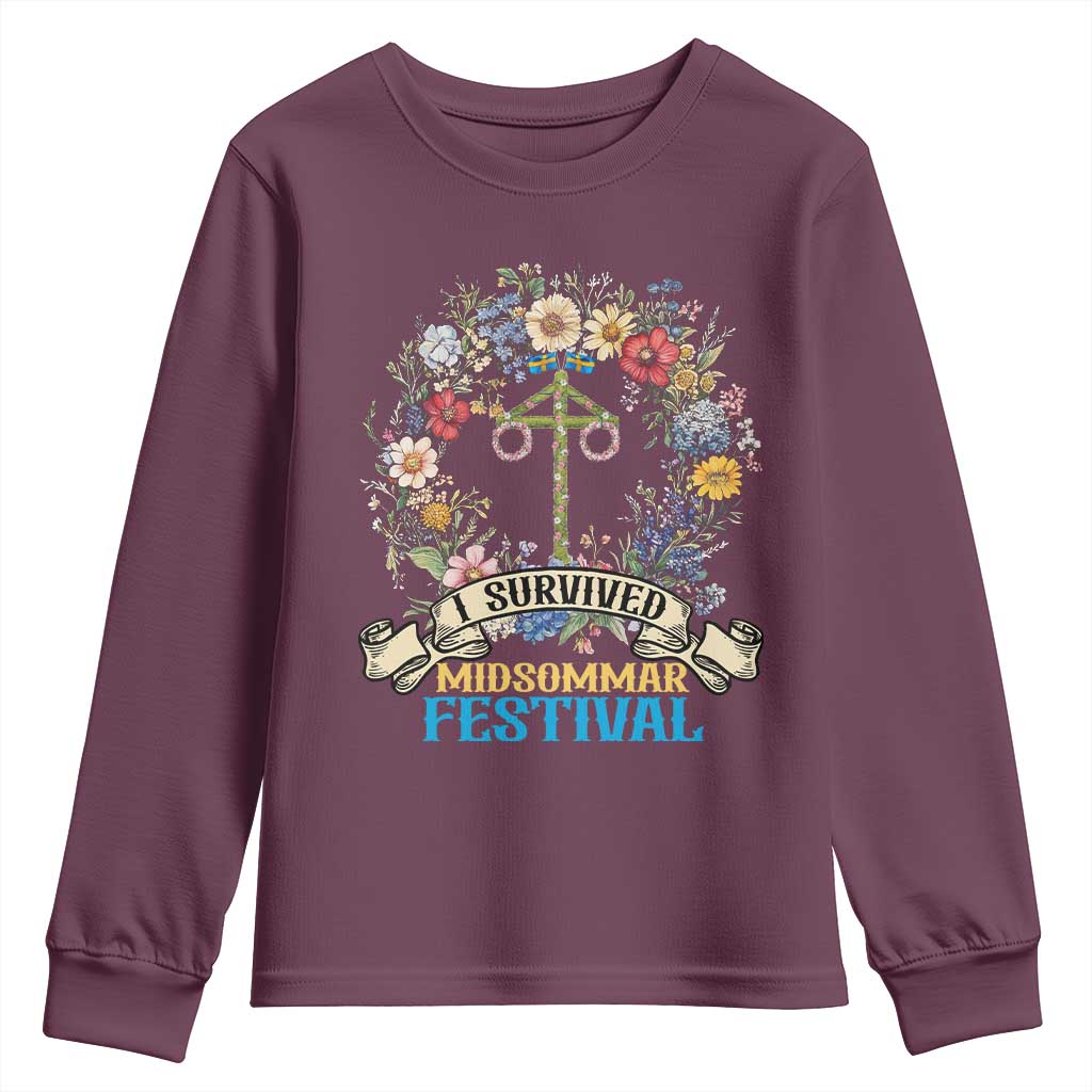 Funny I Survived Midsommar Festival Youth Sweatshirt Sweden Summer Festival Maypole TS11 Maroon Print Your Wear