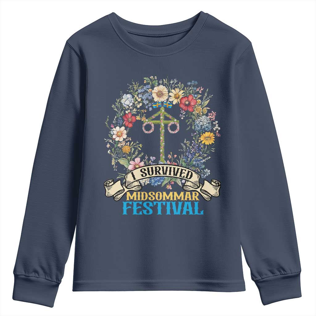 Funny I Survived Midsommar Festival Youth Sweatshirt Sweden Summer Festival Maypole TS11 Navy Print Your Wear