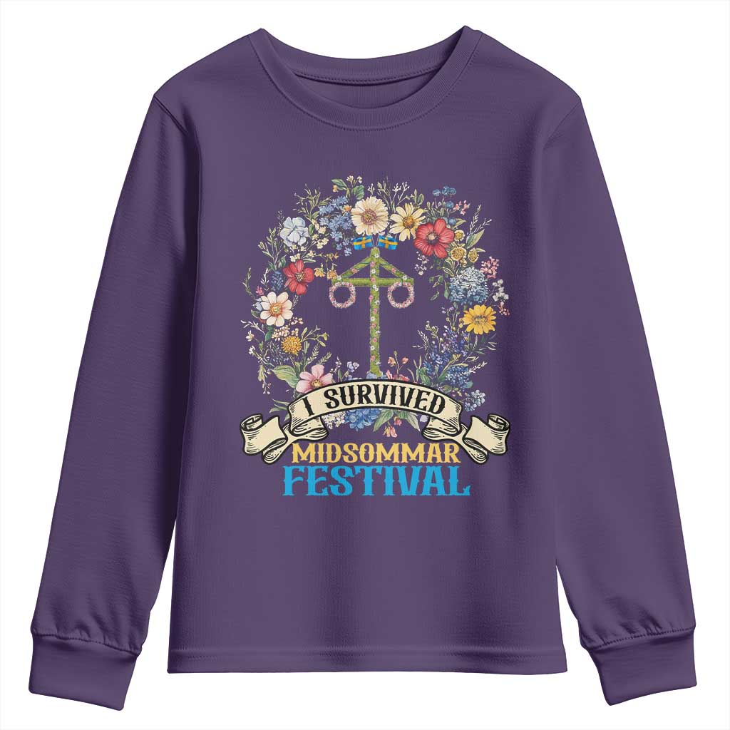 Funny I Survived Midsommar Festival Youth Sweatshirt Sweden Summer Festival Maypole TS11 Purple Print Your Wear