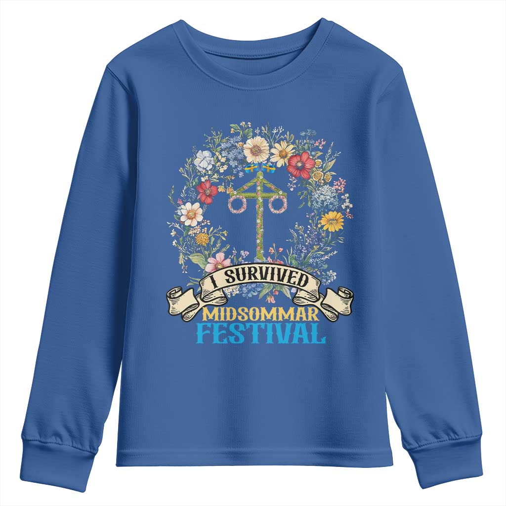 Funny I Survived Midsommar Festival Youth Sweatshirt Sweden Summer Festival Maypole TS11 Royal Blue Print Your Wear
