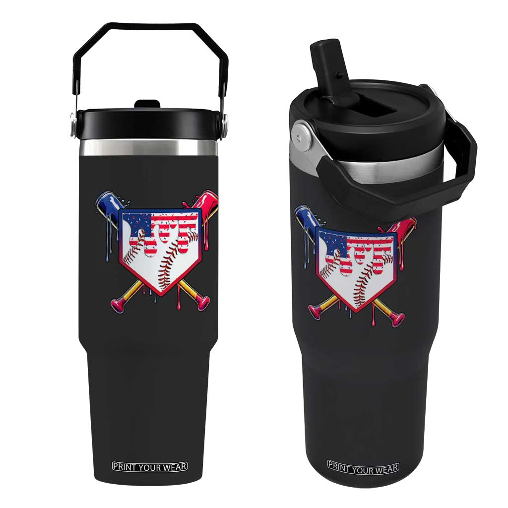 Funny Ice Cream Baseball Drip American Flag Flip Straw Tumbler 4th Of July TS11 One Size: 30 oz Black Print Your Wear