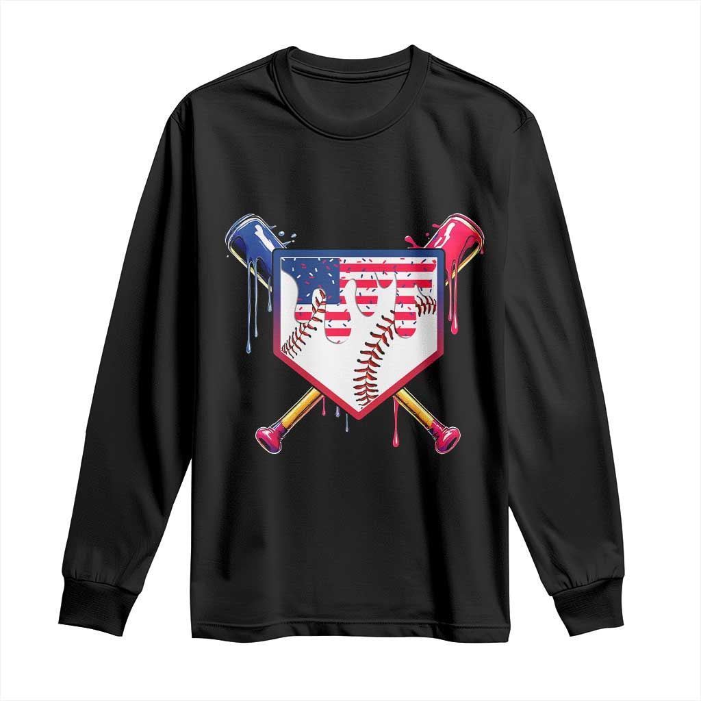 Funny Ice Cream Baseball Drip American Flag Long Sleeve Shirt 4th Of July TS11 Black Print Your Wear