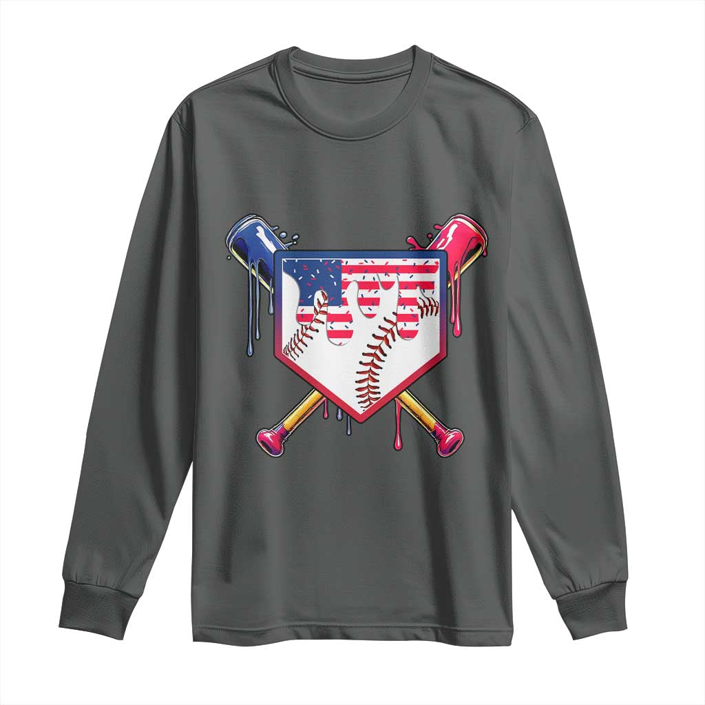 Funny Ice Cream Baseball Drip American Flag Long Sleeve Shirt 4th Of July TS11 Dark Heather Print Your Wear