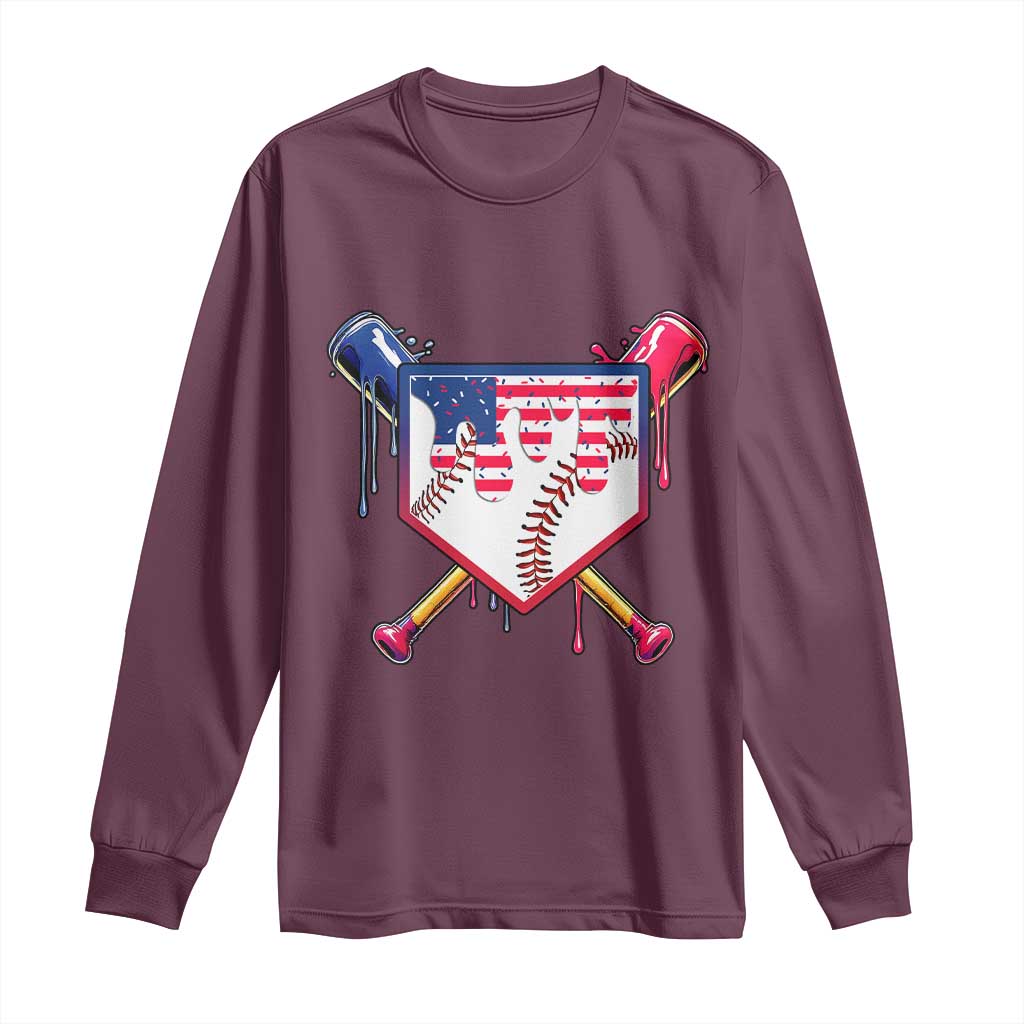 Funny Ice Cream Baseball Drip American Flag Long Sleeve Shirt 4th Of July TS11 Maroon Print Your Wear