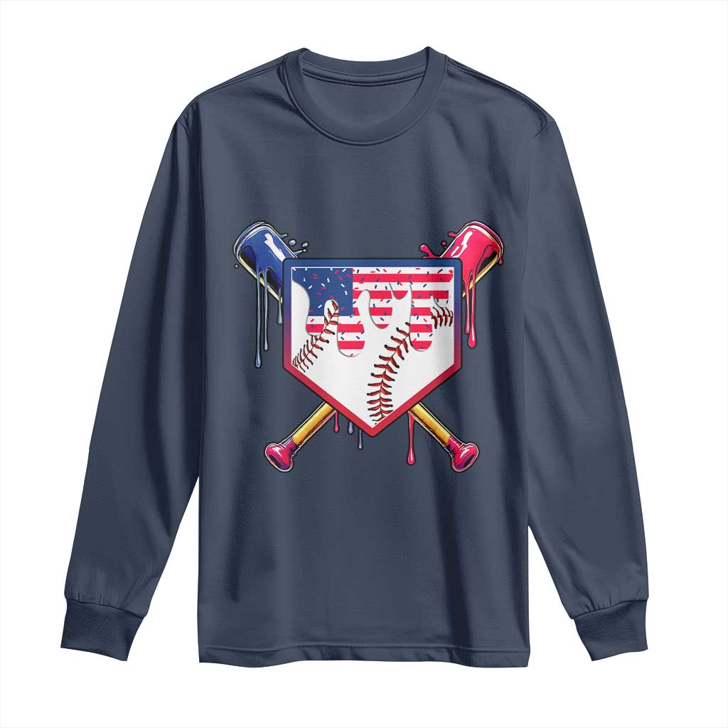 Funny Ice Cream Baseball Drip American Flag Long Sleeve Shirt 4th Of July TS11 Navy Print Your Wear