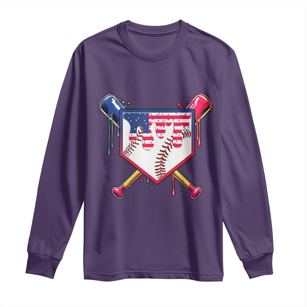 Funny Ice Cream Baseball Drip American Flag Long Sleeve Shirt 4th Of July TS11 Purple Print Your Wear
