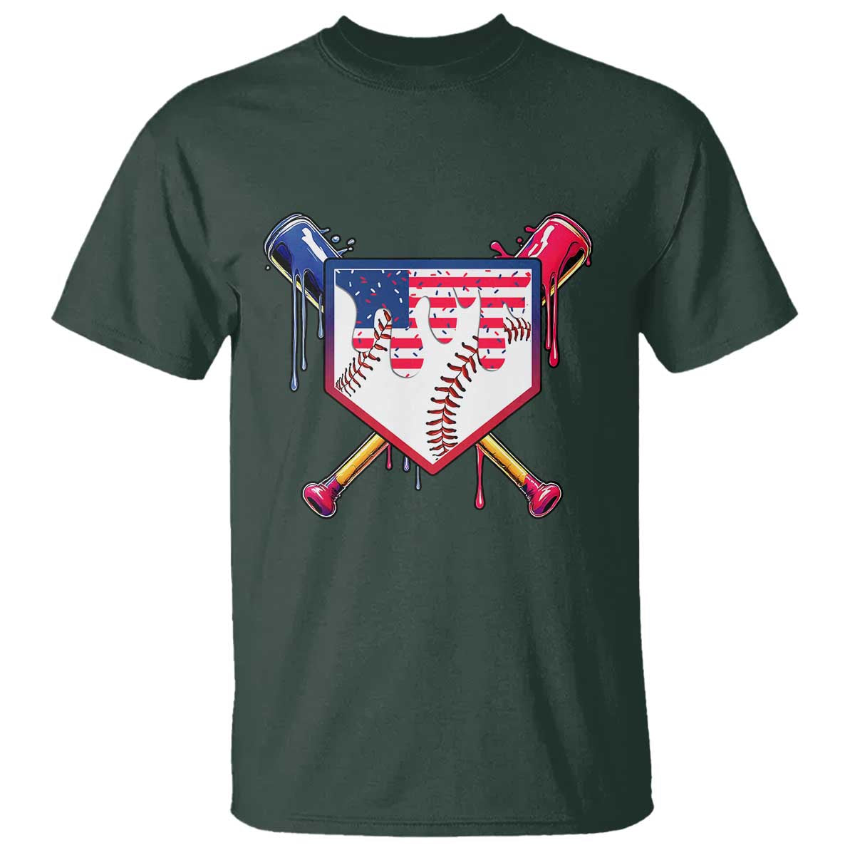 Funny Ice Cream Baseball Drip American Flag T Shirt 4th Of July TS11 Dark Forest Green Print Your Wear