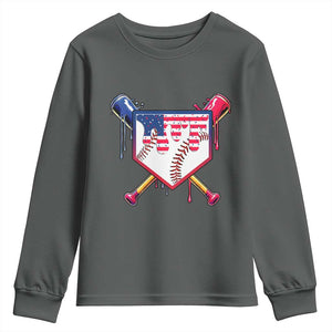 Funny Ice Cream Baseball Drip American Flag Youth Sweatshirt 4th Of July TS11 Dark Heather Print Your Wear