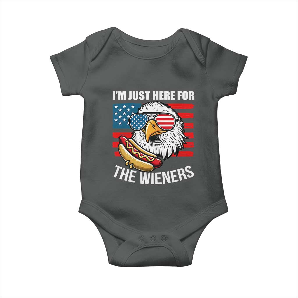 Funny I'm Just Here For The Wieners Baby Onesie 4th Of July Bald Eagle Hot Dog Lover TS11 Dark Heather Print Your Wear