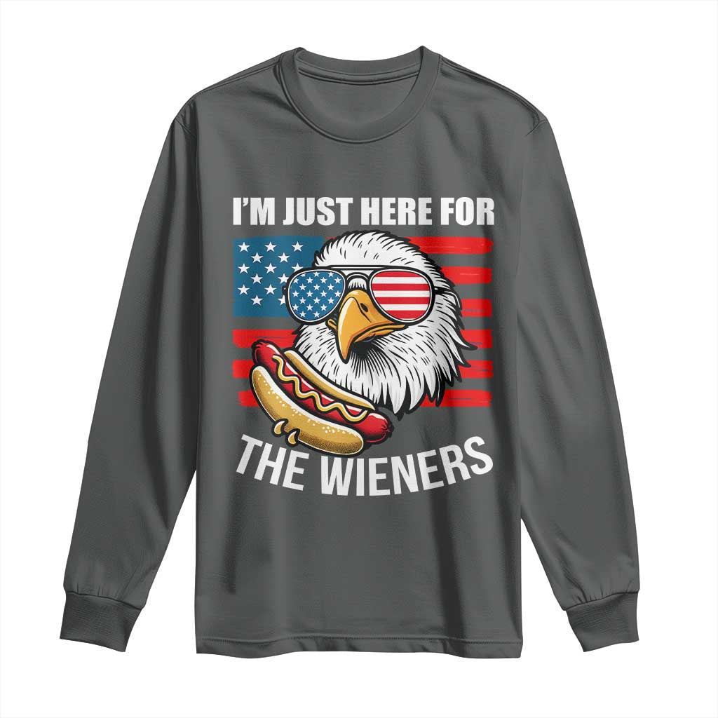 Funny I'm Just Here For The Wieners Long Sleeve Shirt 4th Of July Bald Eagle Hot Dog Lover TS11 Dark Heather Print Your Wear