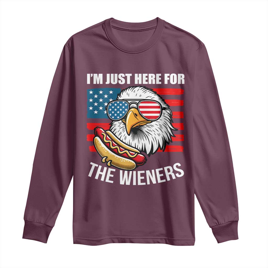 Funny I'm Just Here For The Wieners Long Sleeve Shirt 4th Of July Bald Eagle Hot Dog Lover TS11 Maroon Print Your Wear