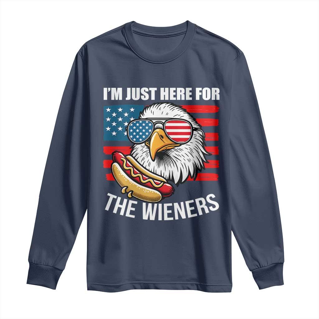 Funny I'm Just Here For The Wieners Long Sleeve Shirt 4th Of July Bald Eagle Hot Dog Lover TS11 Navy Print Your Wear