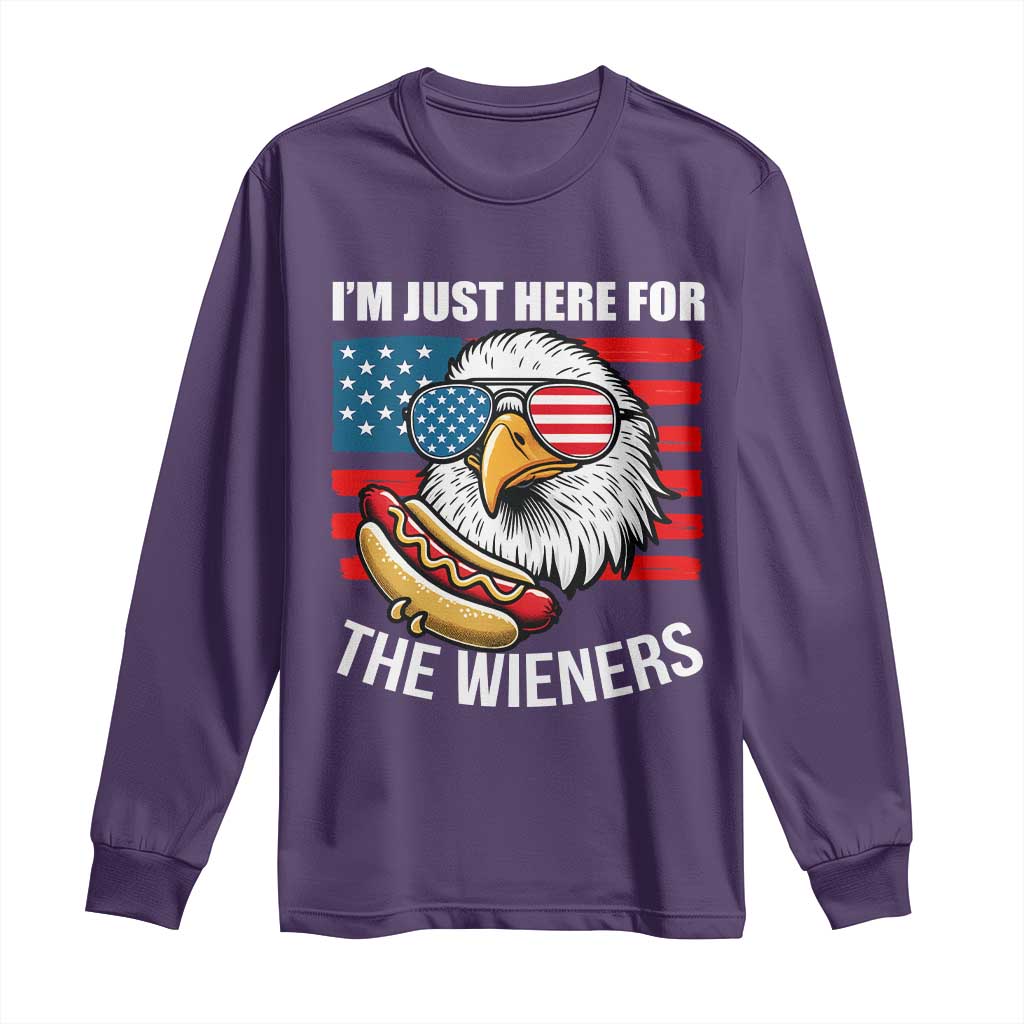 Funny I'm Just Here For The Wieners Long Sleeve Shirt 4th Of July Bald Eagle Hot Dog Lover TS11 Purple Print Your Wear