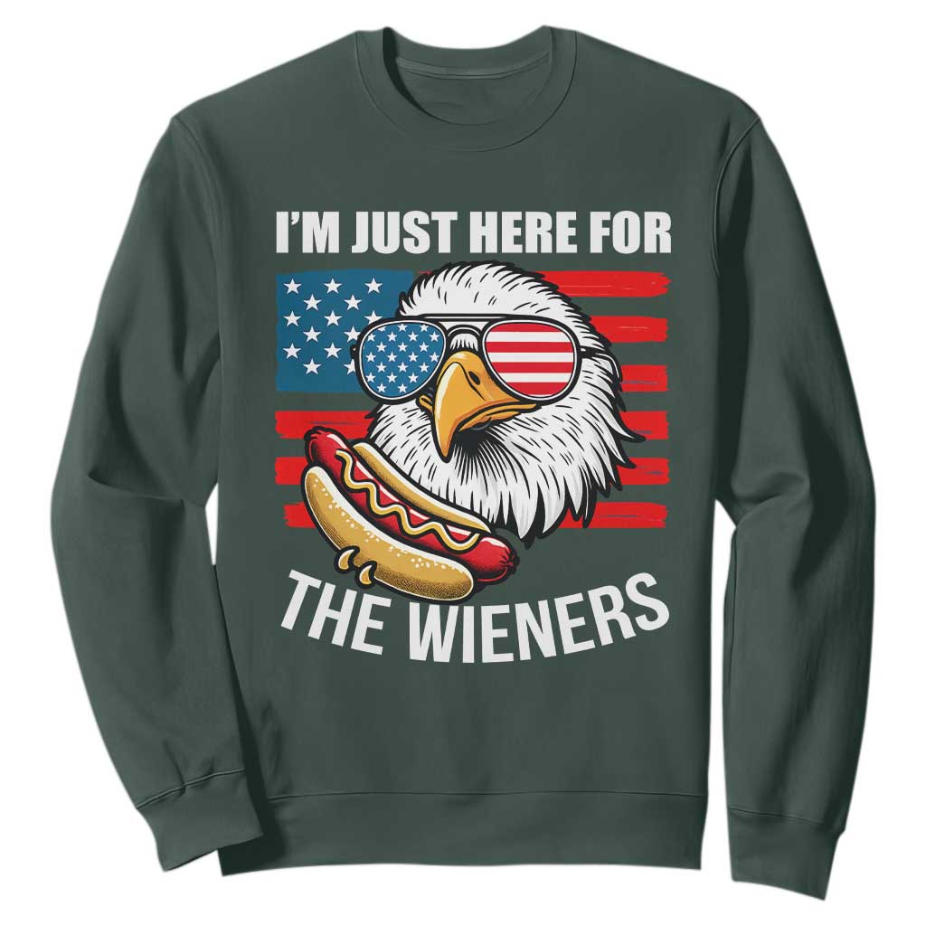 Funny I'm Just Here For The Wieners Sweatshirt 4th Of July Bald Eagle Hot Dog Lover TS11 Dark Forest Green Print Your Wear