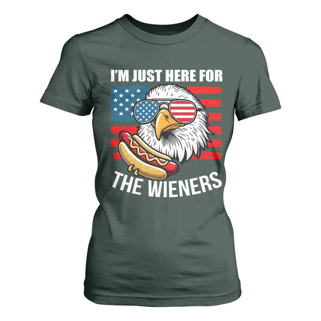 Funny I'm Just Here For The Wieners T Shirt For Women 4th Of July Bald Eagle Hot Dog Lover TS11 Dark Forest Green Print Your Wear