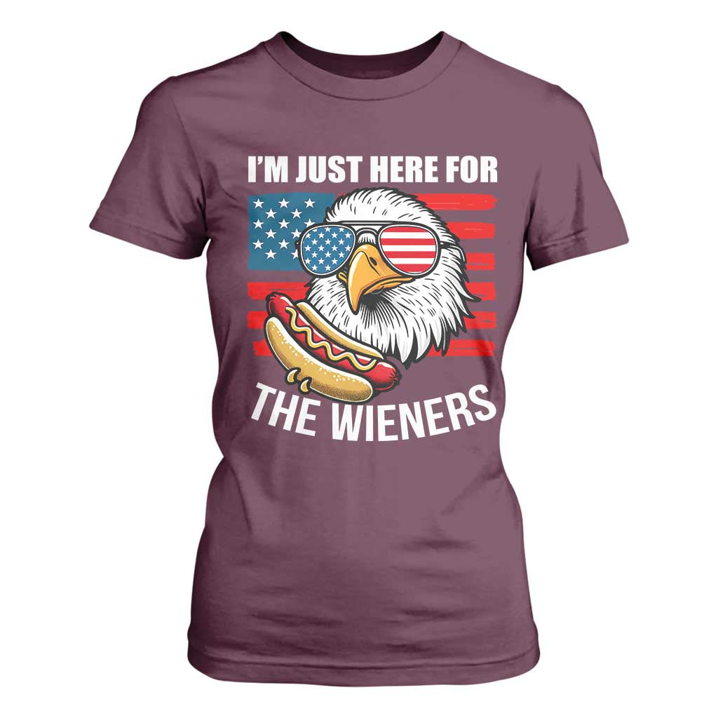 Funny I'm Just Here For The Wieners T Shirt For Women 4th Of July Bald Eagle Hot Dog Lover TS11 Maroon Print Your Wear