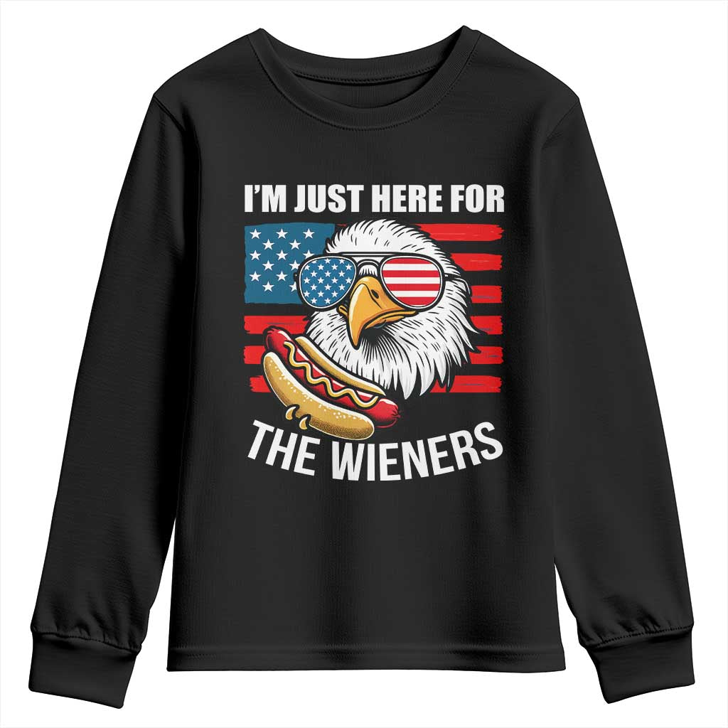 Funny I'm Just Here For The Wieners Youth Sweatshirt 4th Of July Bald Eagle Hot Dog Lover TS11 Black Print Your Wear
