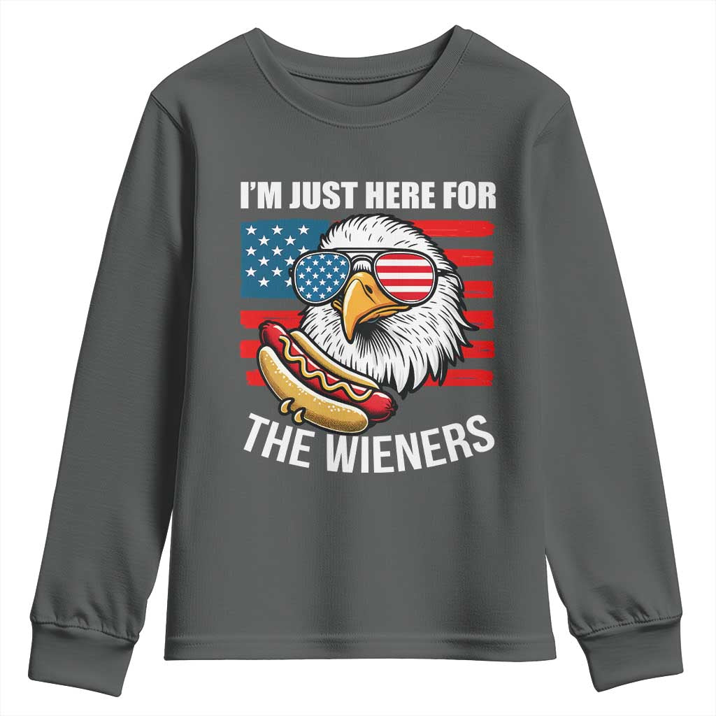Funny I'm Just Here For The Wieners Youth Sweatshirt 4th Of July Bald Eagle Hot Dog Lover TS11 Dark Heather Print Your Wear