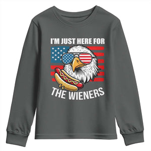 Funny I'm Just Here For The Wieners Youth Sweatshirt 4th Of July Bald Eagle Hot Dog Lover TS11 Dark Heather Print Your Wear