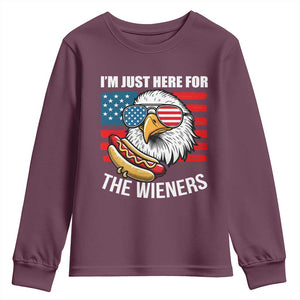 Funny I'm Just Here For The Wieners Youth Sweatshirt 4th Of July Bald Eagle Hot Dog Lover TS11 Maroon Print Your Wear