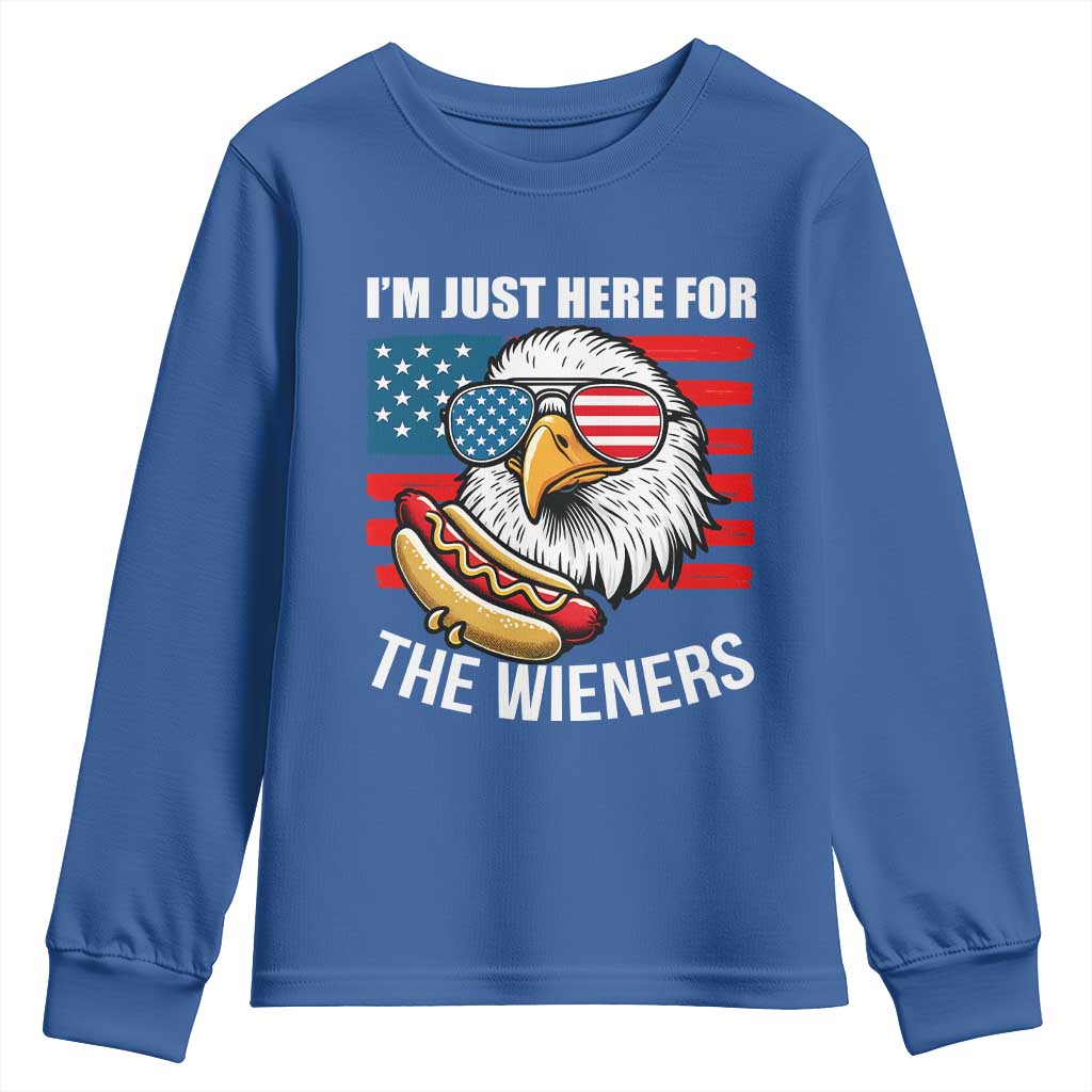 Funny I'm Just Here For The Wieners Youth Sweatshirt 4th Of July Bald Eagle Hot Dog Lover TS11 Royal Blue Print Your Wear