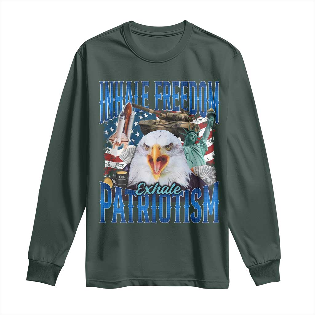 Funny Inhale Freedom Exhale Patriotism Long Sleeve Shirt American Pride Eagle 4th Of July TS11 Dark Forest Green Print Your Wear