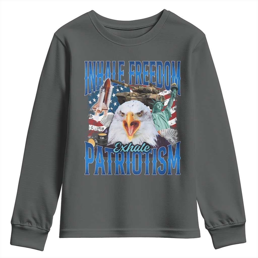 Funny Inhale Freedom Exhale Patriotism Youth Sweatshirt American Pride Eagle 4th Of July TS11 Dark Heather Print Your Wear