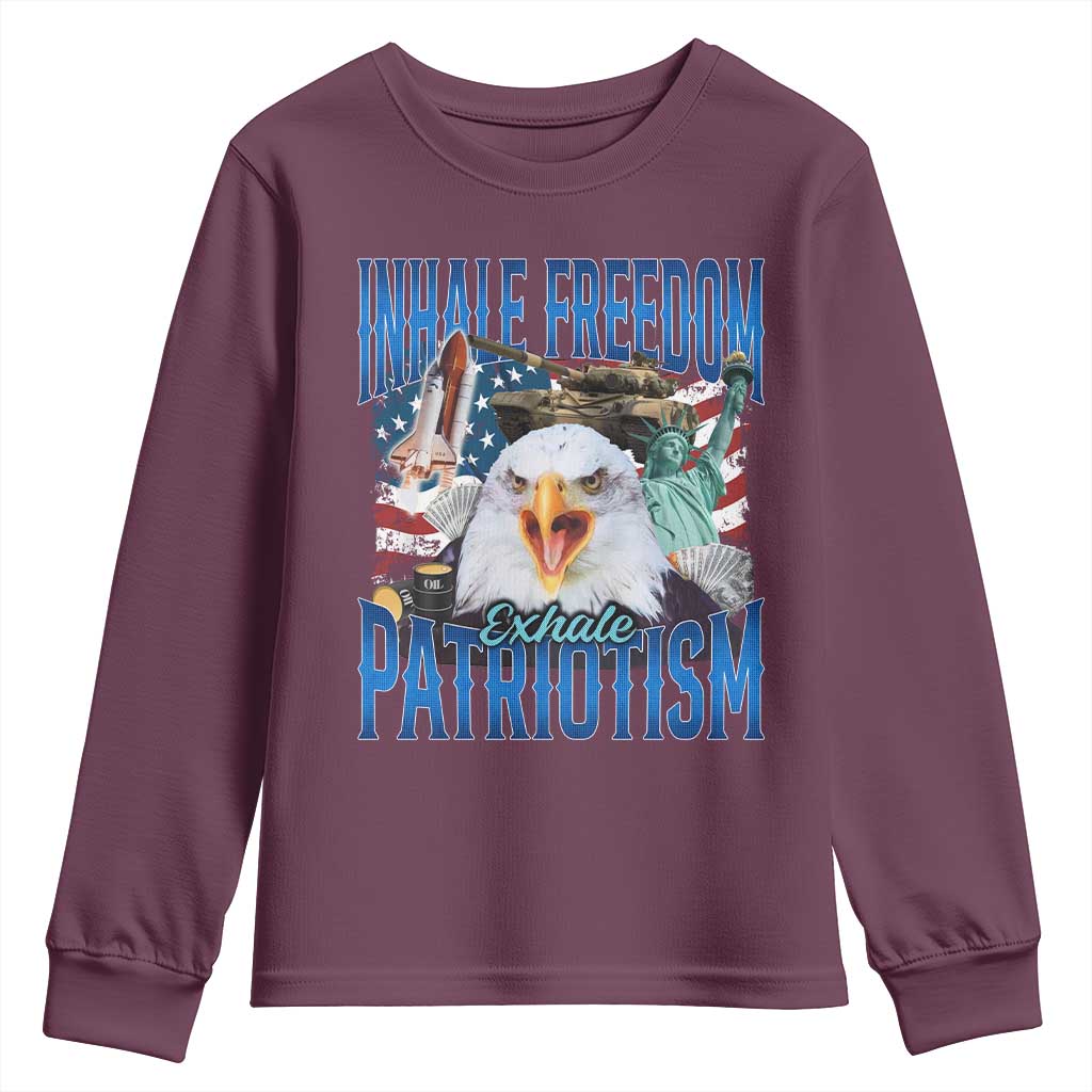 Funny Inhale Freedom Exhale Patriotism Youth Sweatshirt American Pride Eagle 4th Of July TS11 Maroon Print Your Wear
