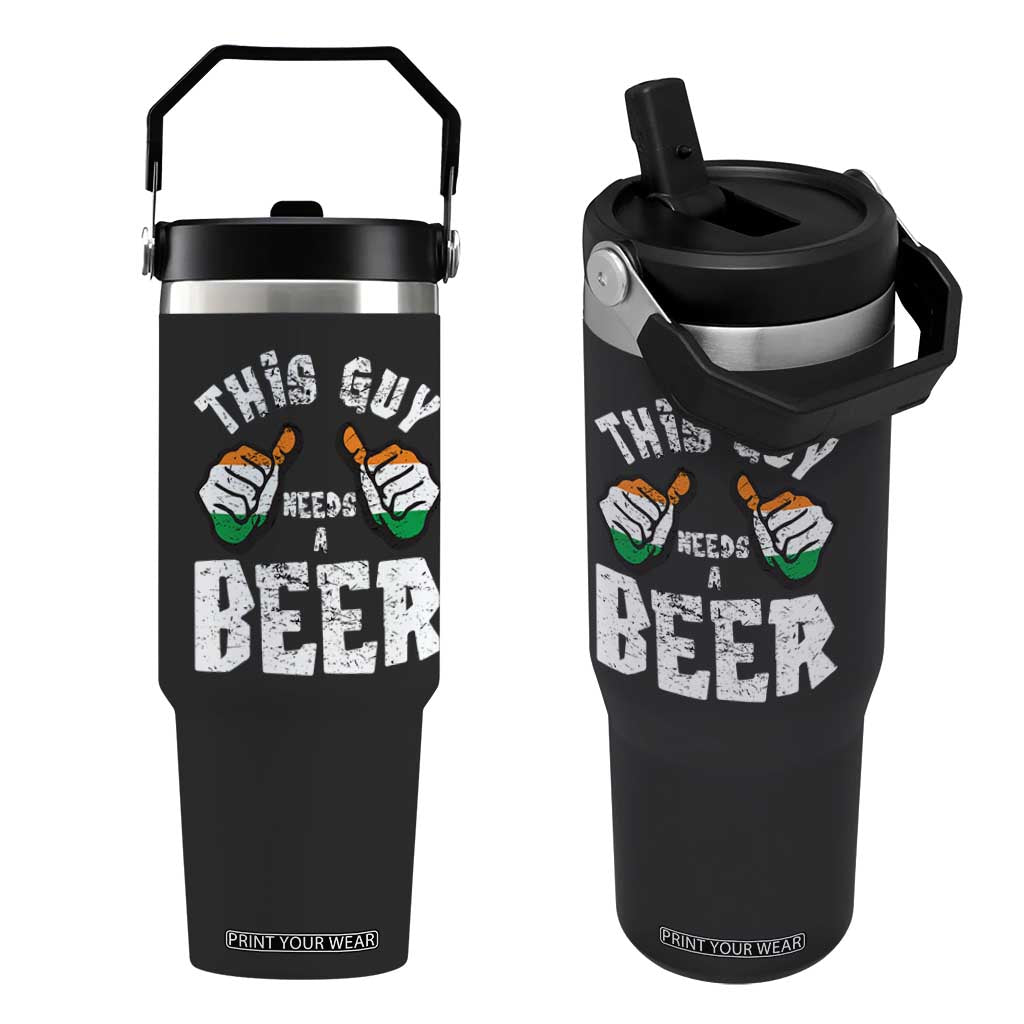 Funny Irish Beer Drinking Flip Straw Tumbler This Guy Needs A Beer Ireland Flag TS11 One Size: 30 oz Black Print Your Wear