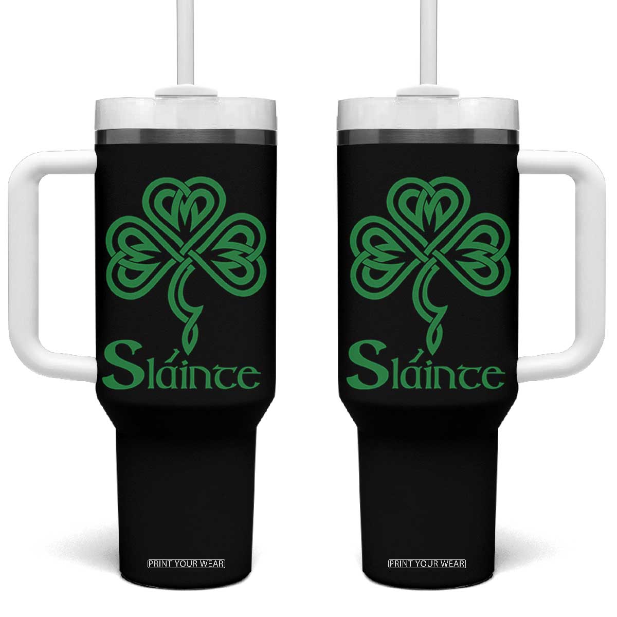 Funny Irish Beer Drinking St Patrick's Day Slainte Tumbler With Handle Celtic Shamrock TS11 One Size: 40 oz Black Print Your Wear
