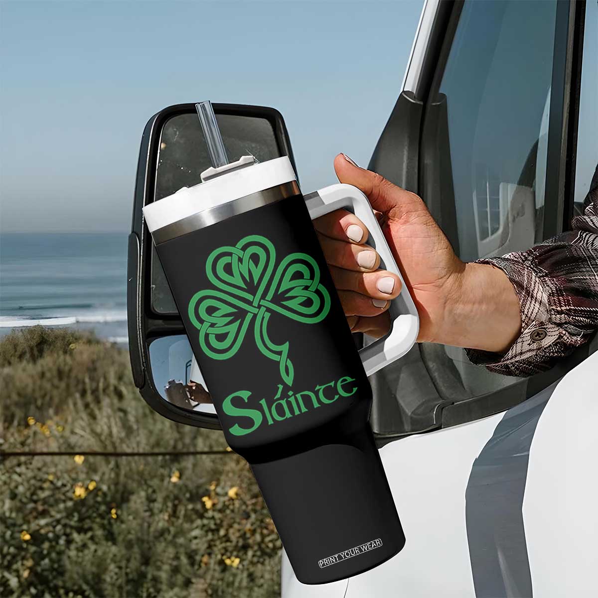Funny Irish Beer Drinking St Patrick's Day Slainte Tumbler With Handle Celtic Shamrock TS11 Print Your Wear