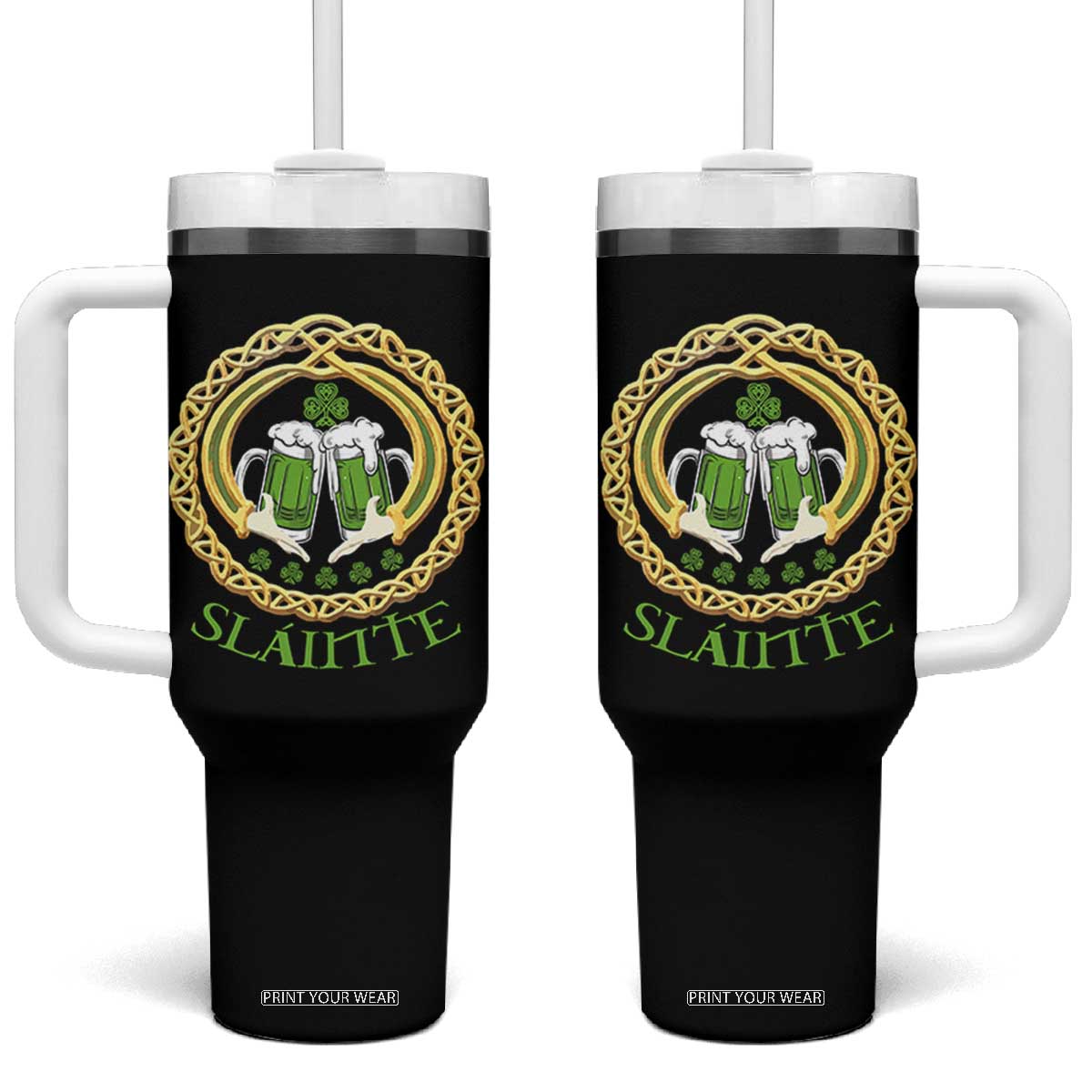 Funny Irish Beer Drinking St Patrick's Day Slainte Tumbler With Handle Claddagh Ring Celtic Shamrock TS11 One Size: 40 oz Black Print Your Wear