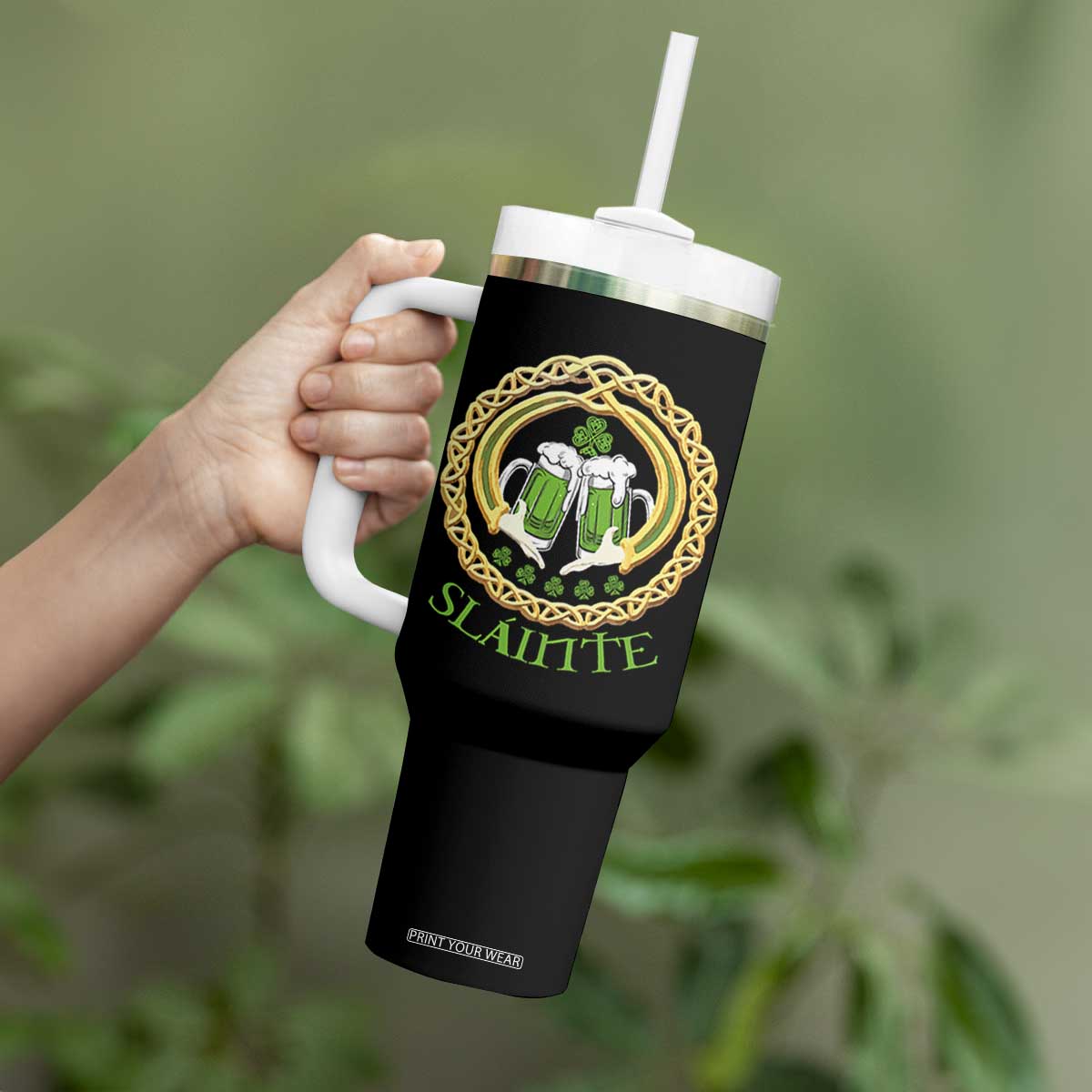 Funny Irish Beer Drinking St Patrick's Day Slainte Tumbler With Handle Claddagh Ring Celtic Shamrock TS11 Print Your Wear