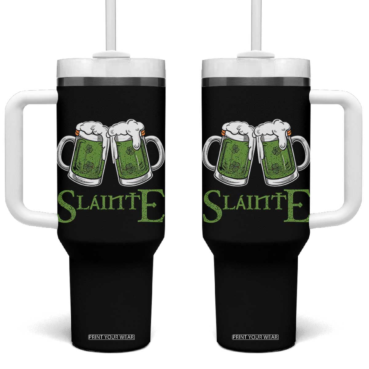 Funny Irish Beer Drinking Tumbler With Handle Slainte St Patrick's Day Shamrock Beer Mugs TS11 One Size: 40 oz Black Print Your Wear
