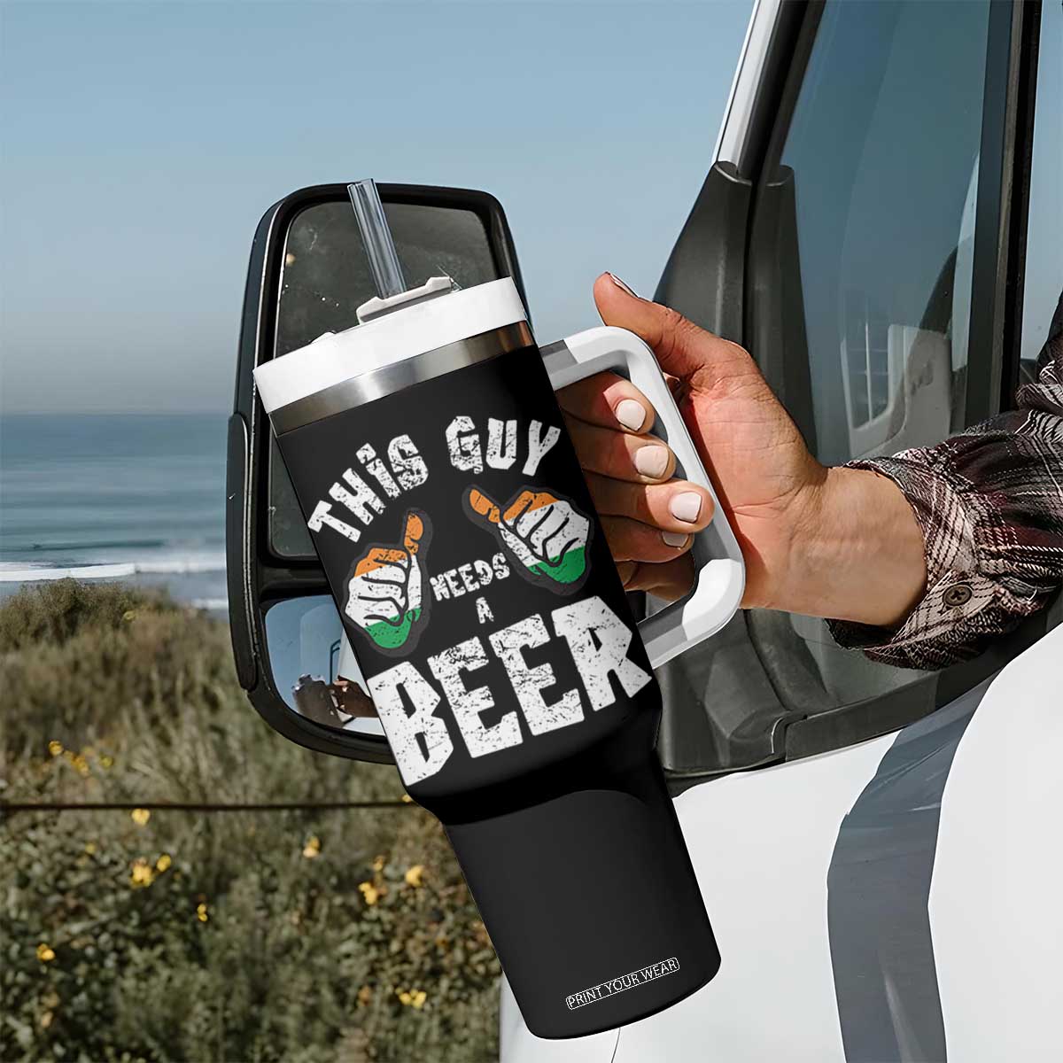 Funny Irish Beer Drinking Tumbler With Handle This Guy Needs A Beer Ireland Flag TS11 Print Your Wear