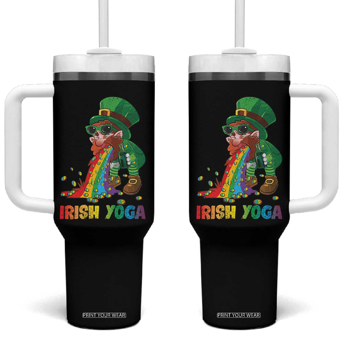 Funny Irish Yoga St Patrick's Day Beer Drinking Tumbler With Handle Drunk Leprechaun TS11 One Size: 40 oz Black Print Your Wear