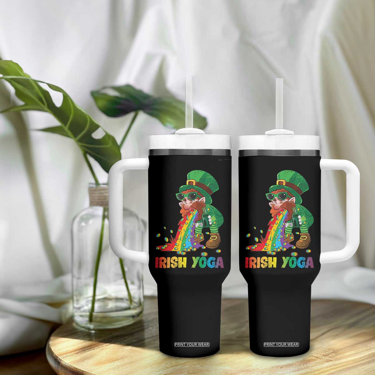 Funny Irish Yoga St Patrick's Day Beer Drinking Tumbler With Handle Drunk Leprechaun TS11 Print Your Wear