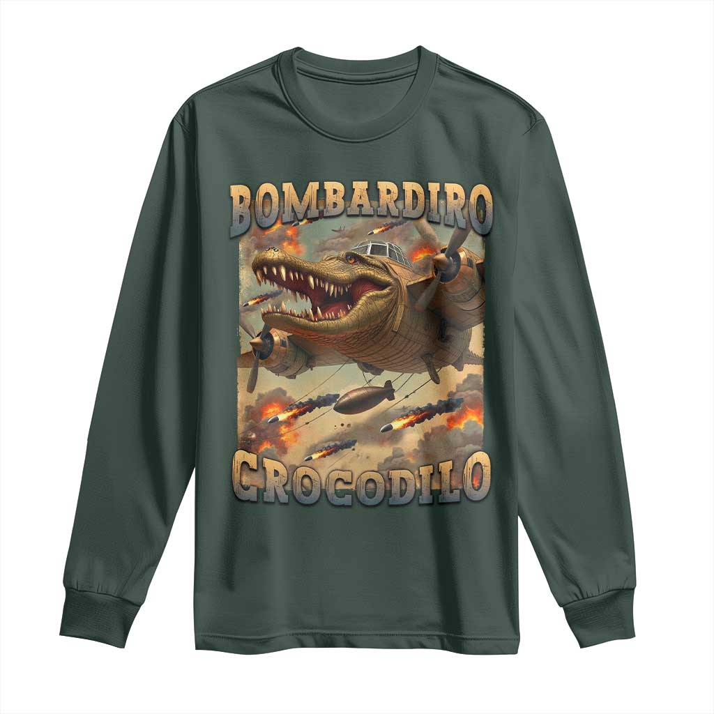 Funny Italian Brainrot Bombardiro Crocodilo Long Sleeve Shirt Gen Z Meme TS11 Dark Forest Green Print Your Wear