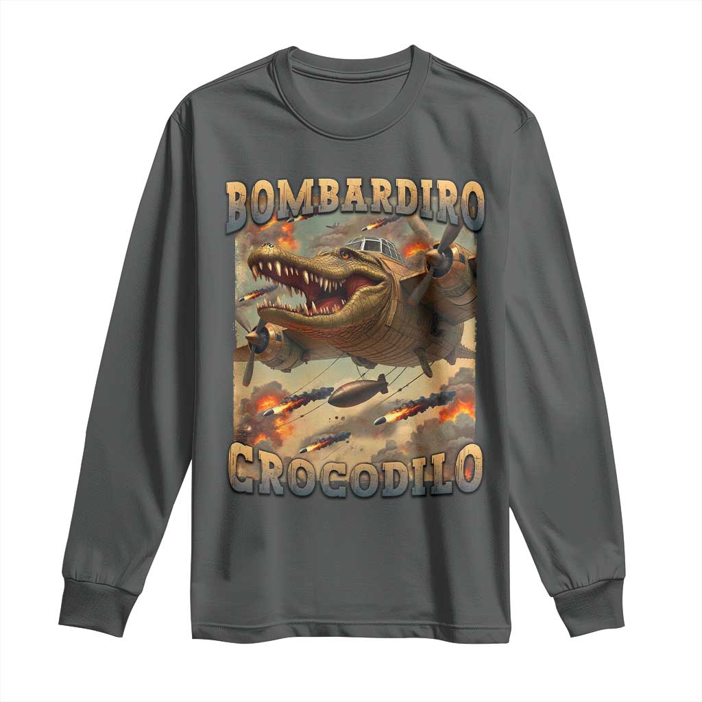 Funny Italian Brainrot Bombardiro Crocodilo Long Sleeve Shirt Gen Z Meme TS11 Dark Heather Print Your Wear